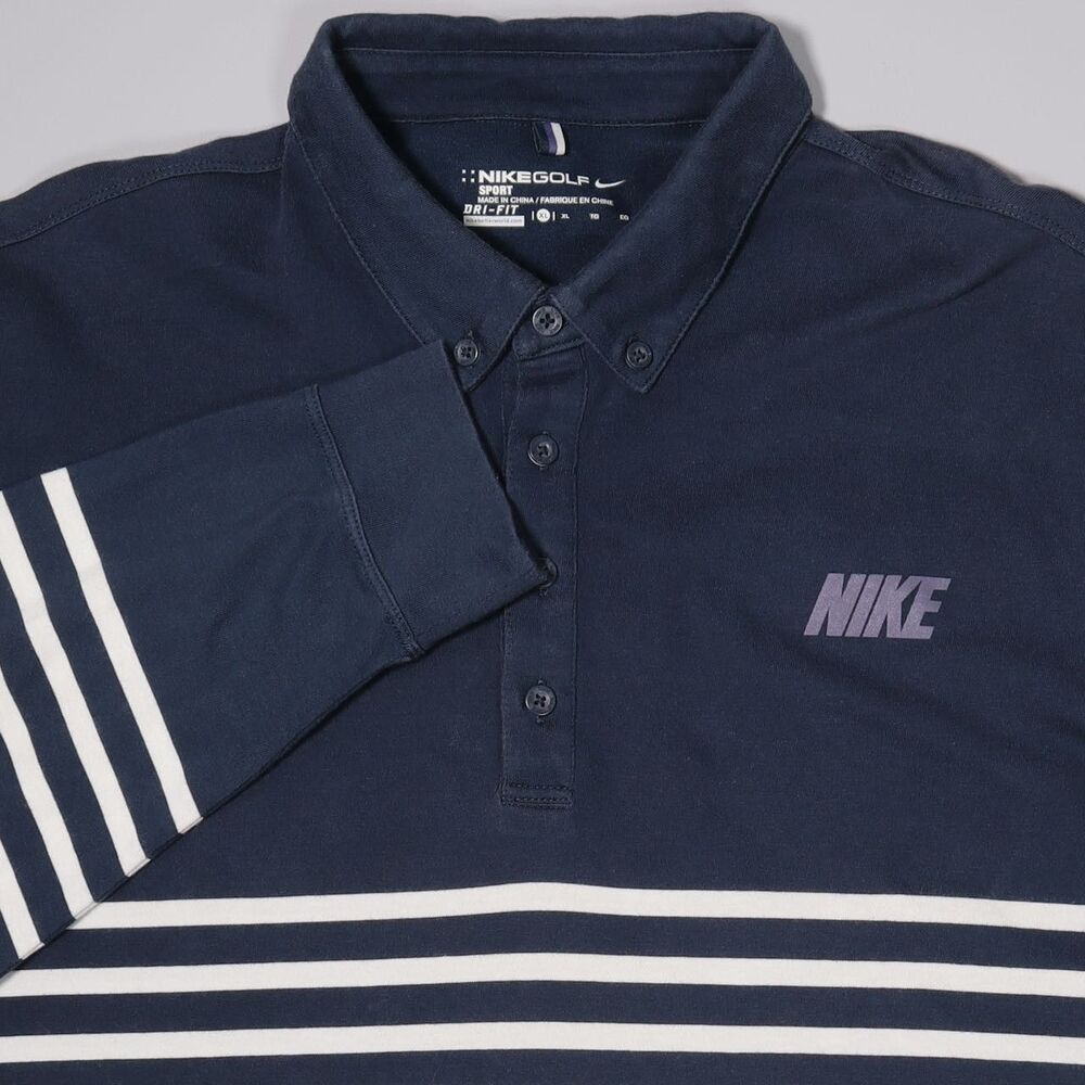 Nike Golf Long Sleeve Polo Shirt Blue Stripe Cotton Blend Mens XL